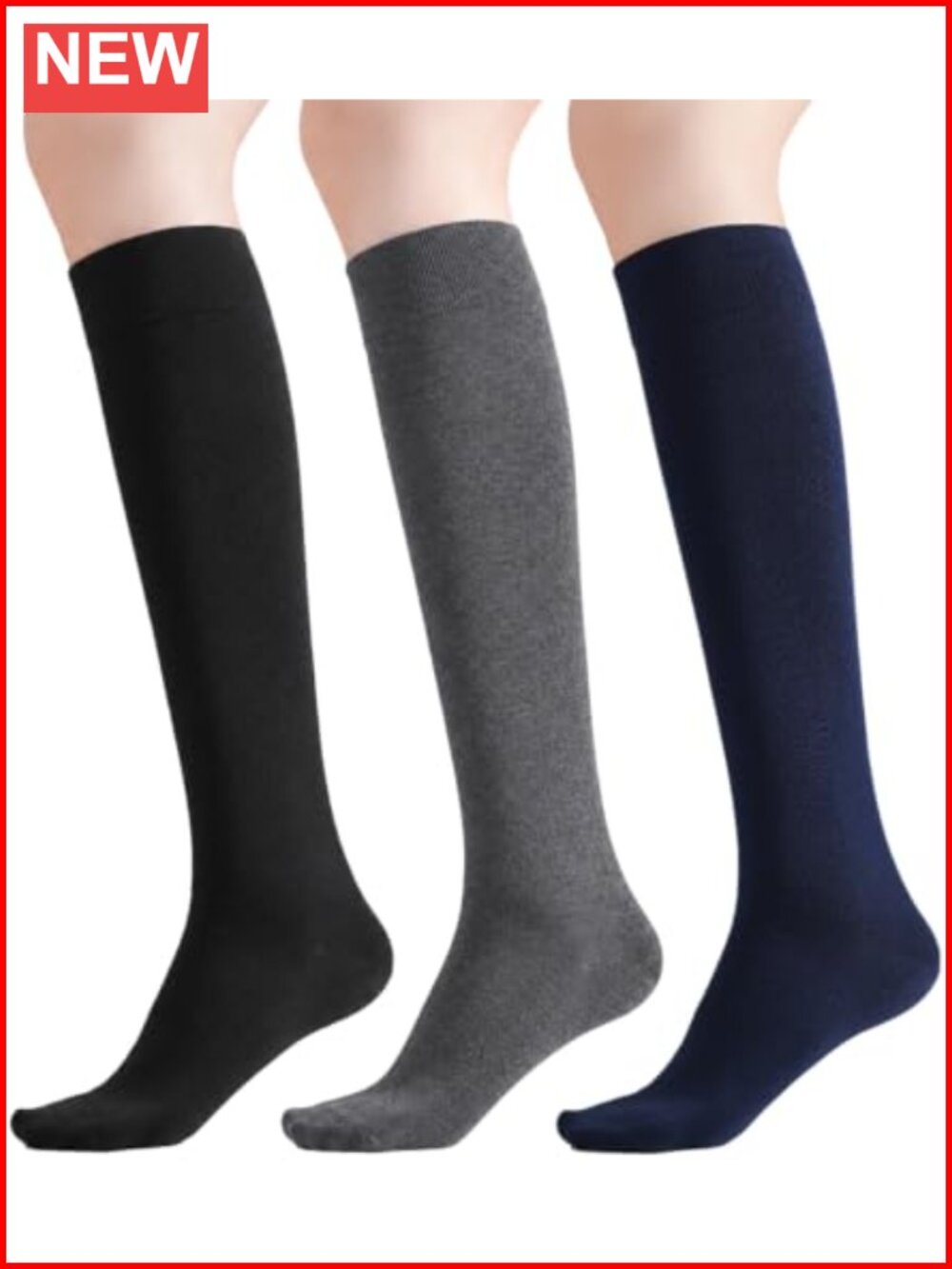 Women's Knee High Socks Combed Cotton Seamless Toe Ribbed Cuff 3 Pairs
